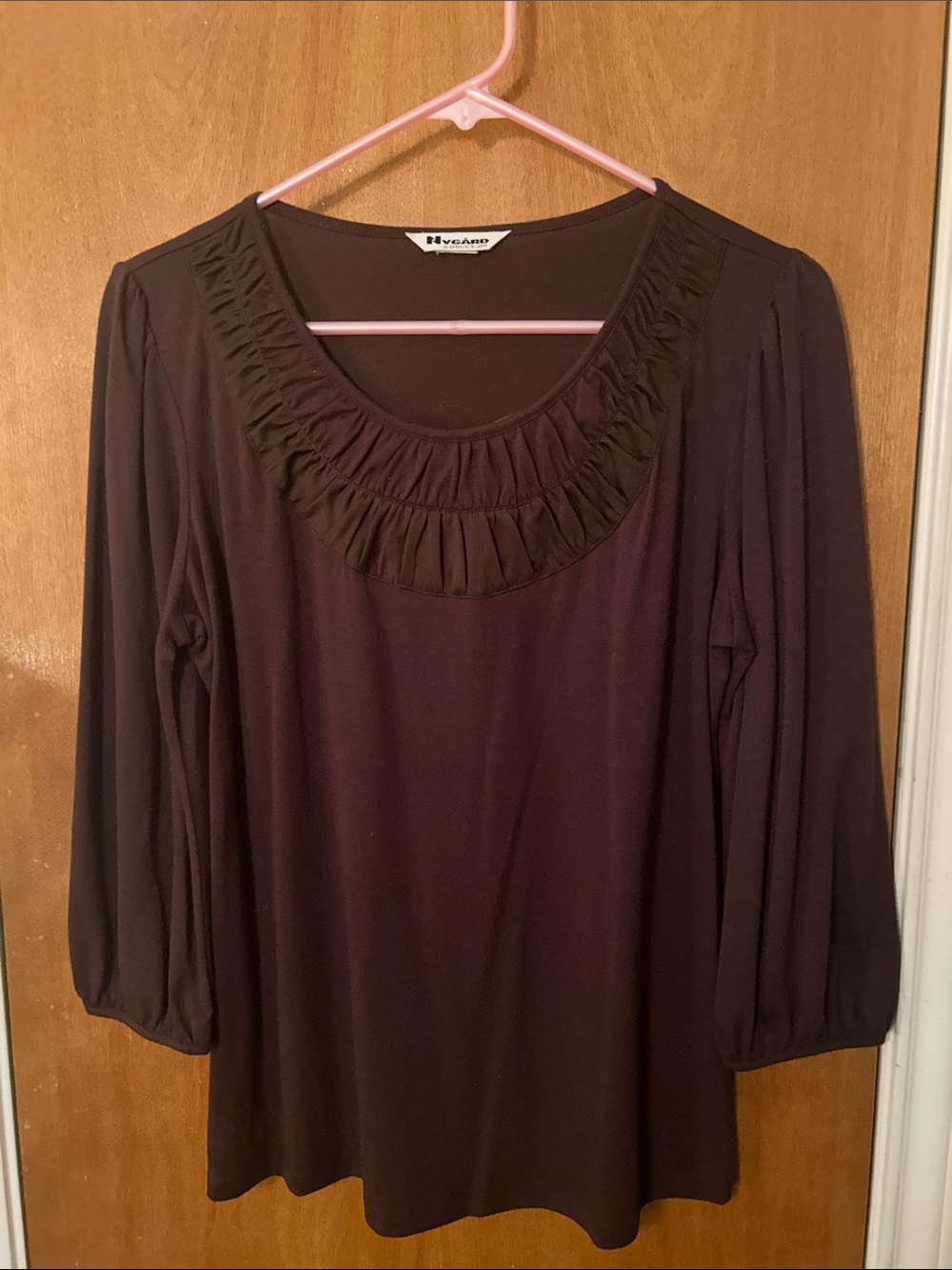 Nygard Collection Women's Dark Brown Ruffle Scoop Neck Long Sleeve shirt. L